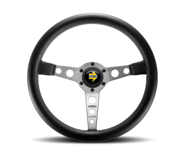 Momo Prototipo Steering Wheel 350 mm - Black Leather/Wht Stitch/Brshd Spokes