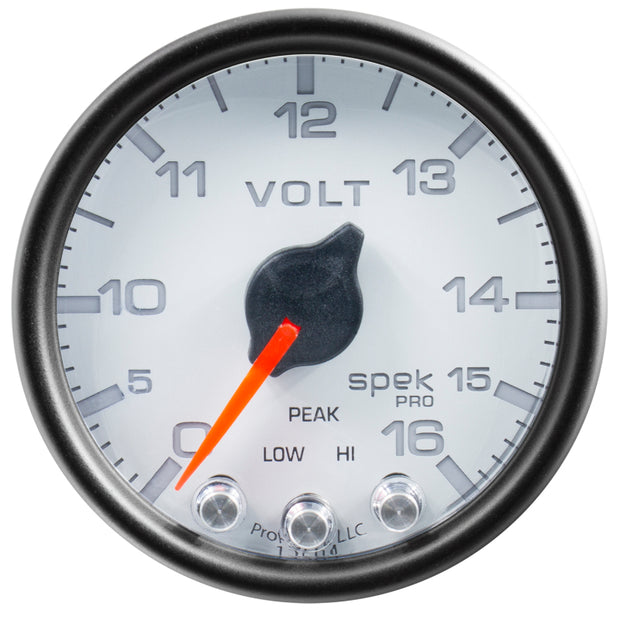 Autometer Spek-Pro Gauge Voltmeter 2 1/16in 16V Stepper Motor W/Peak & Warn Wht/Blk