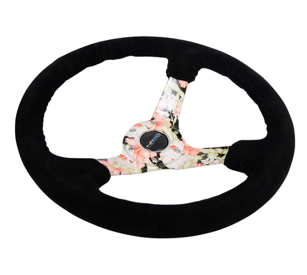 NRG Reinforced Steering Wheel (350mm / 3in. Deep) Blk Suede Floral Dipped w/ Blk Baseball Stitch