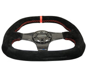 NRG Carbon Fiber Steering Wheel (320mm) Flat Btm. Blk Suede/Red Stitch w/CF Spokes & Red Center Mark