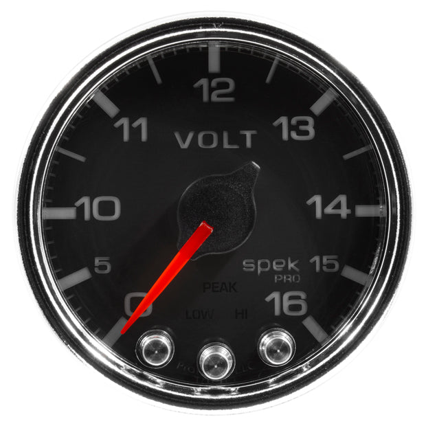 Autometer Spek-Pro Gauge Voltmeter 2 1/16in 16V Stepper Motor W/Peak & Warn Blk/Chrm